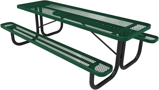 Coated Outdoor Furniture Heavy-Duty Portable Outdoor Picnic Table, Thermoplastic Coated Expanded Metal Commercial-Grade Patio Dining Furniture Made in America (8ft Rectangular, Textured Green)