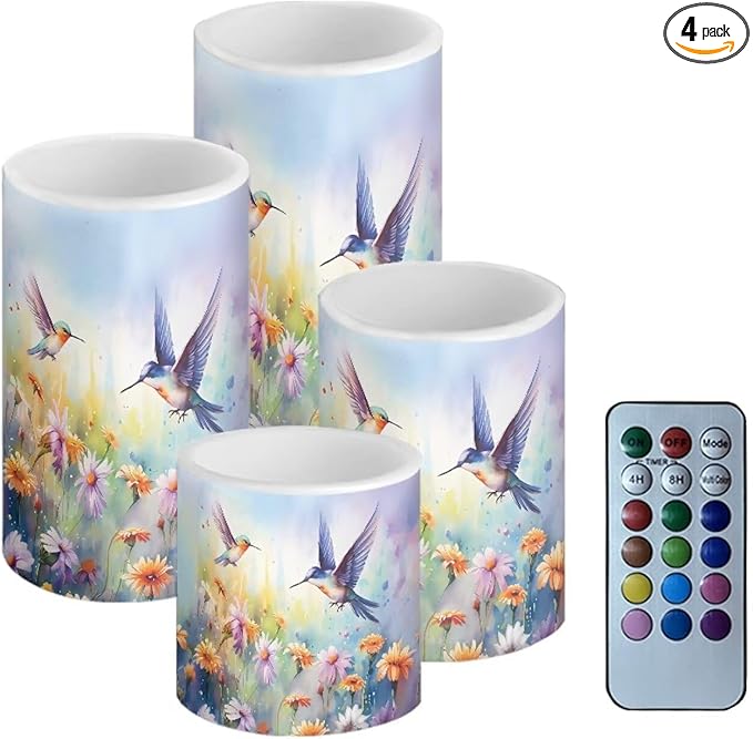 Flameless Candles Battery Powered LED Candles with Remote Timer Color Changing Control Long Lasting for Indoor Outdoor Home Decoration Set of 4, Hummingbird Daisy Purple