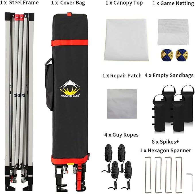 CROWN SHADES 10x10 Pop Up Canopy Tent with Game Netting - Beach Tent with One Push Setup - Outdoor Sun Shade for Events, Parties, Camping with STO-N-Go Cover Bag, Silver Coated Top, White