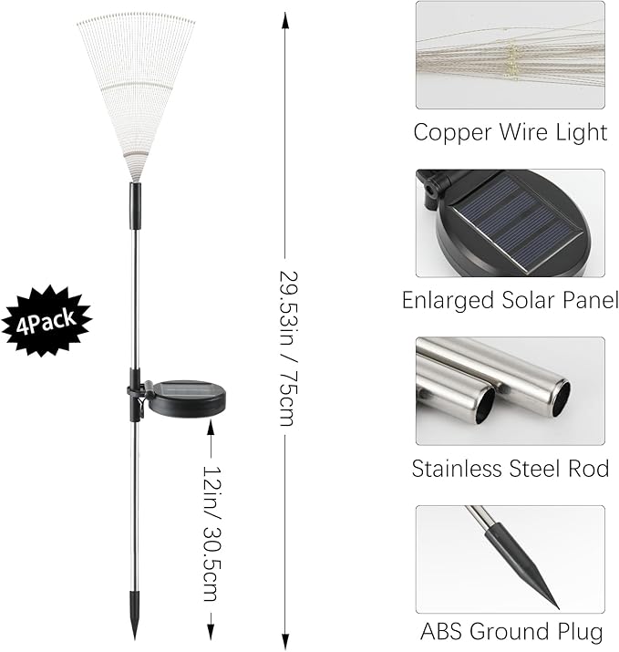 4th of July Firework Solar Garden Lights, Red Blue White Solar Firework Lights with 120 LED 2 Lighting Modes, Outdoor Waterproof Yard Lighting for Independence Day Memorial Day Decor, 4 Pack