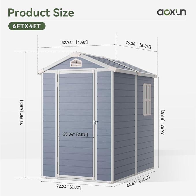 Aoxun 4'x6' Resin Outdoor Storage Shed Utility Tool Shed Storage House, Multi-Purpose Utility Tool House Applicable for Bike, Clutter Storage for Backyard, Patio - Gray