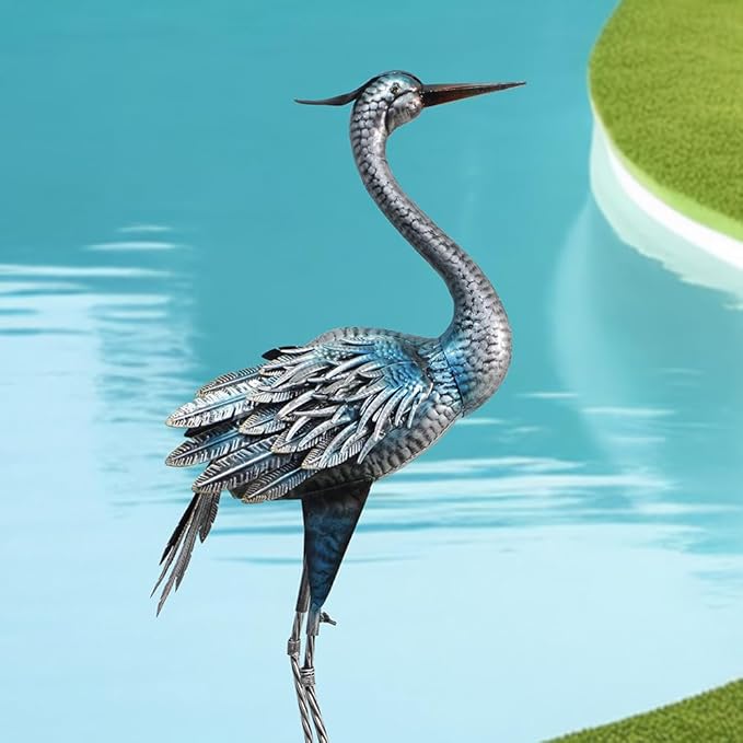 Crane Garden Decor Statue, Blue Heron Garden Statue Metal Yard Art Outdoor Decoy, Garden Sculptures & Statues for Yard/Garden/Lawn/Pond/Outdoor Decoration, 1Pc