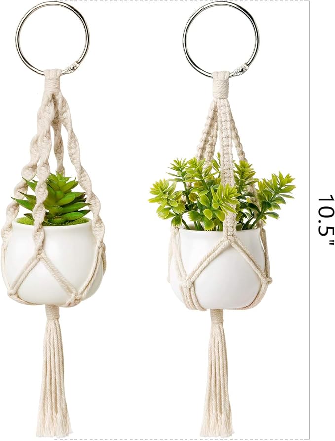 Dahey Mini Macrame Plant Car Accessories Rear View Mirrior Charm Cute Hanging Rearview Car Decor Boho Hanger with Artificial Succulent for Plant Lover, 2 Pcs, 10.5 inch, White
