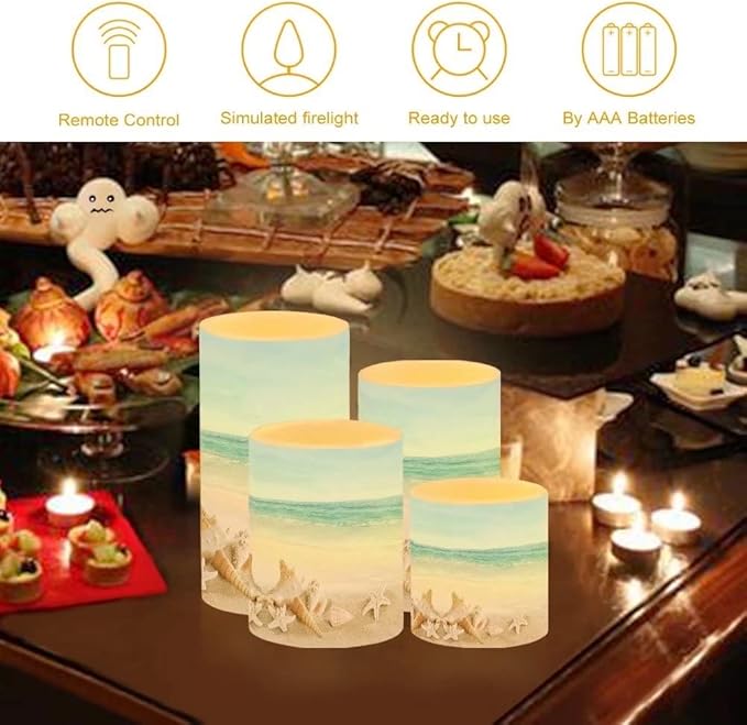 Beach Starfish Flameless Light Candles with 4H 8H Timer, Battery Operated Candles with 18-Key Remote Flickering Smokeless Pillar Candles-4PCS