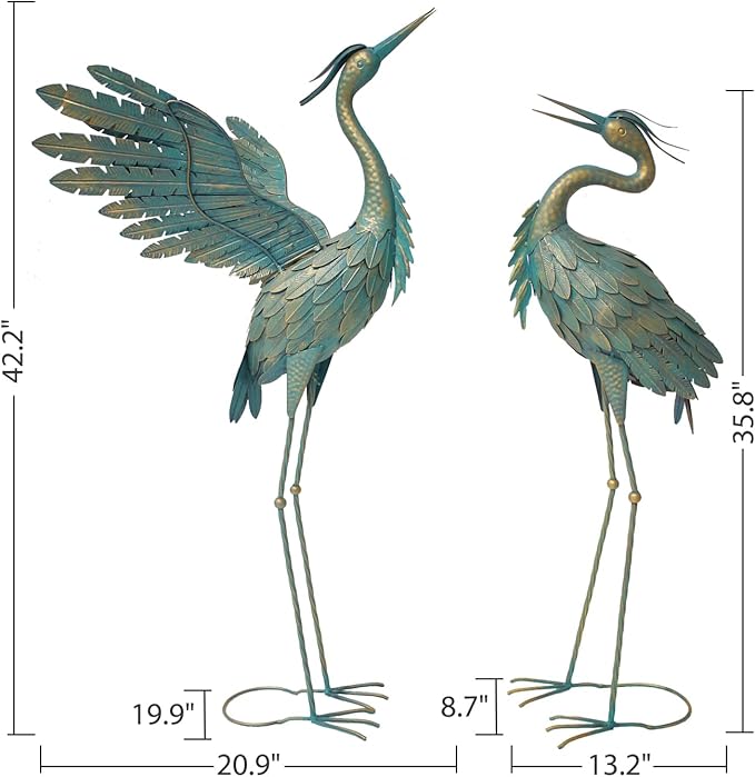 Crane Statues for Outdoor, Metal Heron Garden Statues Bird Yard Art, Standing Sculptures for Yard Lawn Pond Garden Decor, 38-42 Inch Set of 2, Cyan