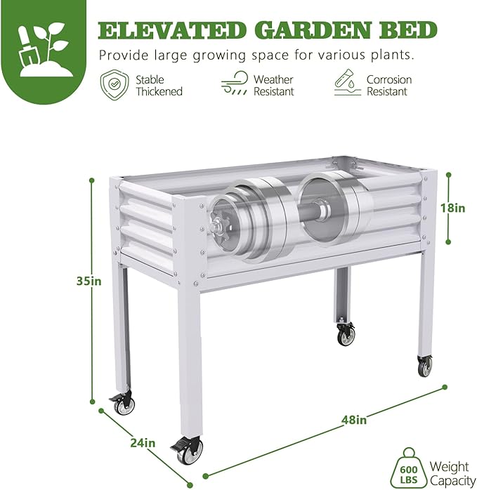 A ANLEOLIFE 6-Set Galvanized Raised Garden Bed with Legs,48x24x35in Large Elevated Planter Box on Wheels with Drainage Holes for Backyard, Balcony, Patio, 600lb Capacity, Antique White