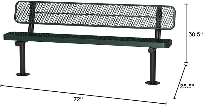 Coated Outdoor Furniture Heavy-Duty Outdoor Bench Thermoplastic Coated, Expanded Metal, Commercial-Grade Seating, Made in America (Surface with Back, 6 Ft, Green)