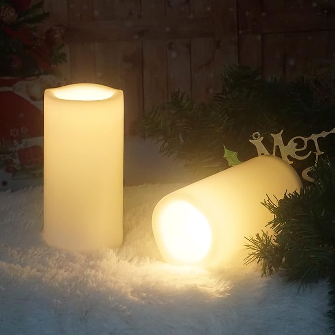 CANDLE CHOICE Waterproof Outdoor Battery Operated Flameless Candles with Timer Large Plastic Resin Bright Flickering Electric LED Pillars Lantern Garden Wedding Christmas Decorations 4”(D)x8”(H) 2 PCS