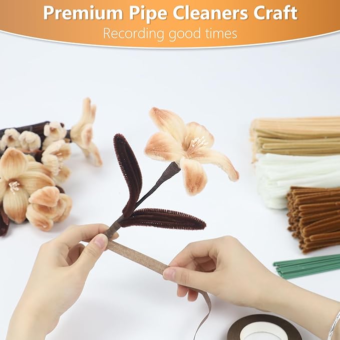 400 Pcs Pipe Cleaners Craft,5 Assorted Colors Pipe Cleaners Bulk, Chenille Stems for DIY Flower Making Kit with Floral Wires, Gardening Tape,Stamen& Ribbon (Brown)