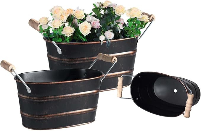 Galvanized Oval Planter Tubs for Outdoor Plants - Farmhouse Small Metal Tin Buckets with Drain Hole & Rubber Plug Medium Plant Containers with Handles Vintage Style for Decor, Set of 3 (Black)