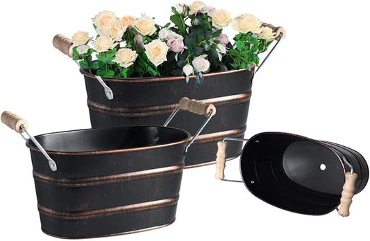 Galvanized Oval Planter Tubs for Outdoor Plants - Farmhouse Small Metal Tin Buckets with Drain Hole & Rubber Plug Medium Plant Containers with Handles Vintage Style for Decor, Set of 3 (Black)