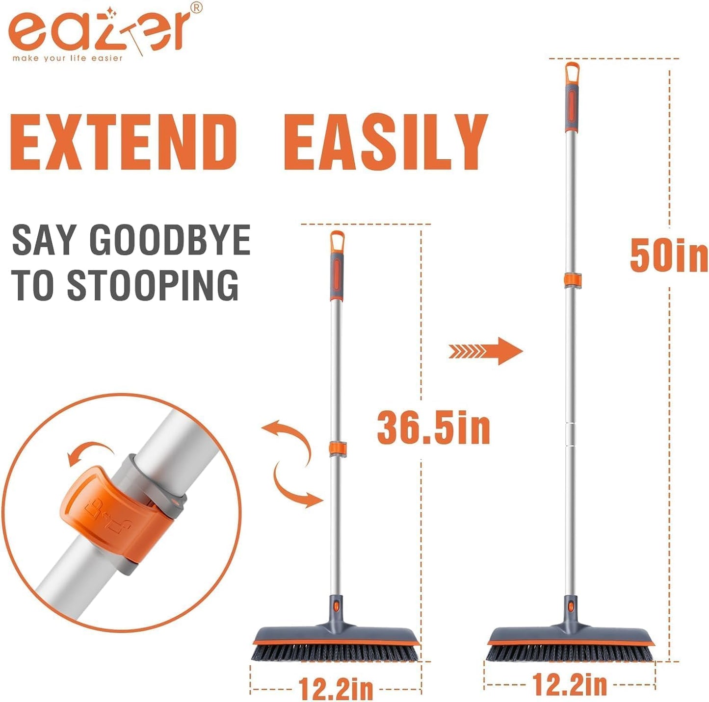 Eazer Floor Scrubber Brush, 2-in-1 Deck Scrubber Brush with Long Handle, Soft & Hard Bristle Brush for Cleaning Concrete, Squeegee Broom for Floor,Bathroom Garage,Kitchen,Wall,Tile and Swimming Pool