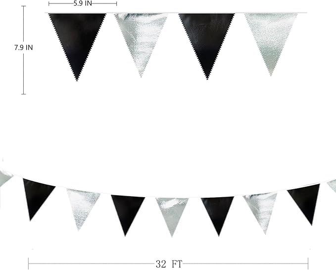 Black and Silver Party Decorations Triangle Pennant Banner Flag Metallic Fabric Bunting Garland for Birthday Graduation Retirement Wedding Bachelorette Bridal Shower Engagement Disco Party Supplies