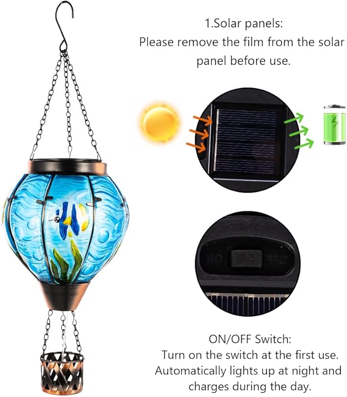 Blue Fish Hot Air Balloon Solar Lantern with Flickering Flame Light,Glass Hanging Solar Lanterns Outdoor Waterproof,Hot Air Balloon Decorative Lights for Patio Yard Porch Garden Gift for Women