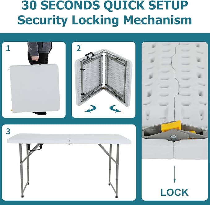 4FT Folding Table, Height Adjustable Table, Heavy Duty Plastic Tables Portable Fold-in-Half Utility Table w/Handle & Lock for Camping BBQ Party Banquet Wedding Market Events, 330LBS