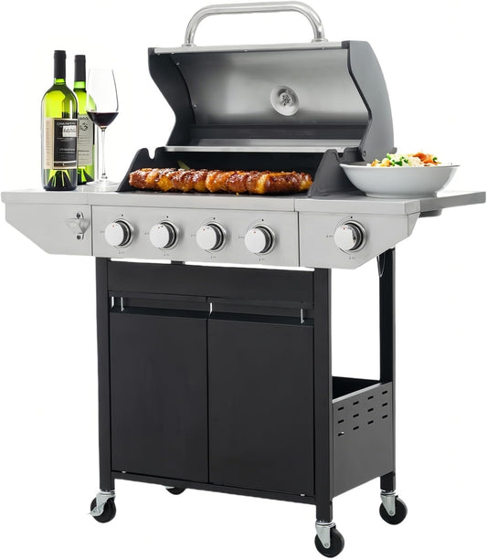 Endark 4-burner propane gas grill | Stainless steel construction | Dual side racks and wheels | Designed for patio, garden, and backyard cooking