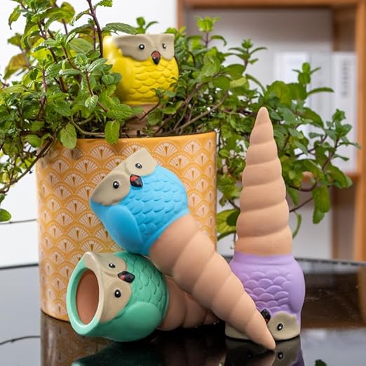 4 Pack Plant Watering Devices, Animal Shape Terracotta Watering Spikes, Vacation Self Watering Planter Insert, Automatic Plant Waterer for Indoor Outdoor Plants (Owl-Grey Eye)