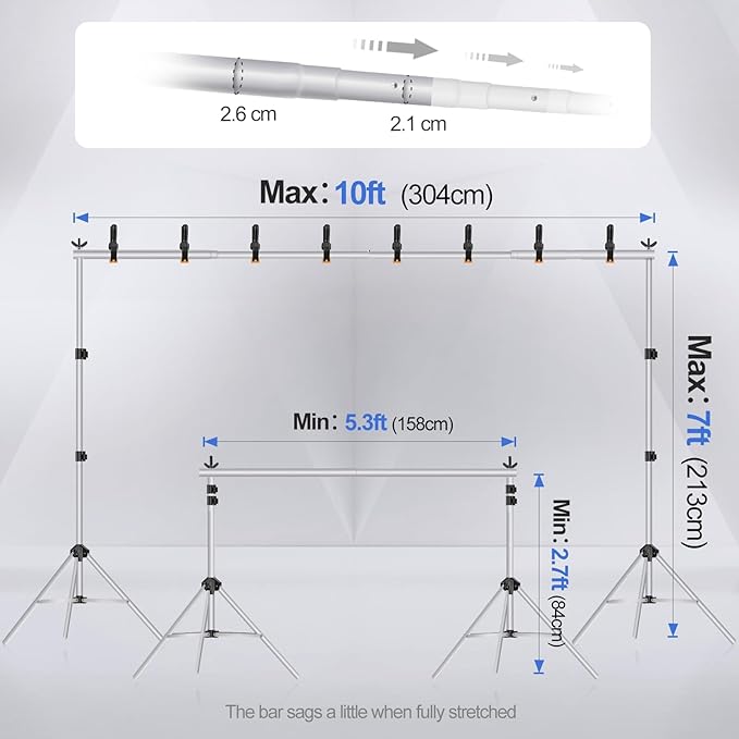 EMART Backdrop Stand 10x7ft(WxH) Photo Studio Adjustable Background Stand Support kit with 2 Crossbars, 8 Clamps, 2 Sandbags and Carry Bag for Parties, Events Decoration, Wedding, Photography -Silver