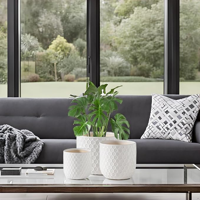 Docrin Ceramic Plant Pots Indoor: 6.5+5.3+4 Inch Planters with Drainage Holes for Home/Office - Set of 3 / White Honeycomb