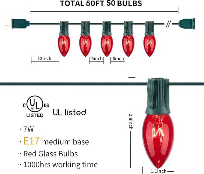 C9 Christmas String Light Red, 50ft Vintage Christmas Tree Lights, Outdoor Roofline String Lights with 50+2 Red Bulbs for Patio Garden Holiday Indoor Home Xmas Decoration, Green Wire