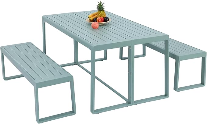 Aoodor 3-Piece Outdoor Patio Dining Set, Aluminum Furniture Set with 1 Rectangular Picnic Table and 2 Benches for Garden, Lawn, Yard
