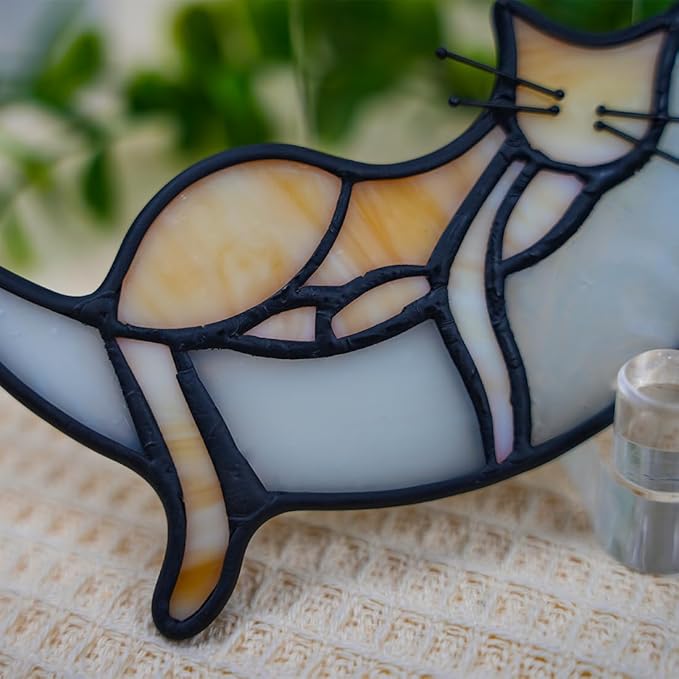 BOXCASA Sleeping Cat Stained Glass Windown Hanging,Yellow Cat on Moon Beautiful Handcrafted Sun Catcher Gifts for Daughter,Mothers Day,Christmas and Cat Lover