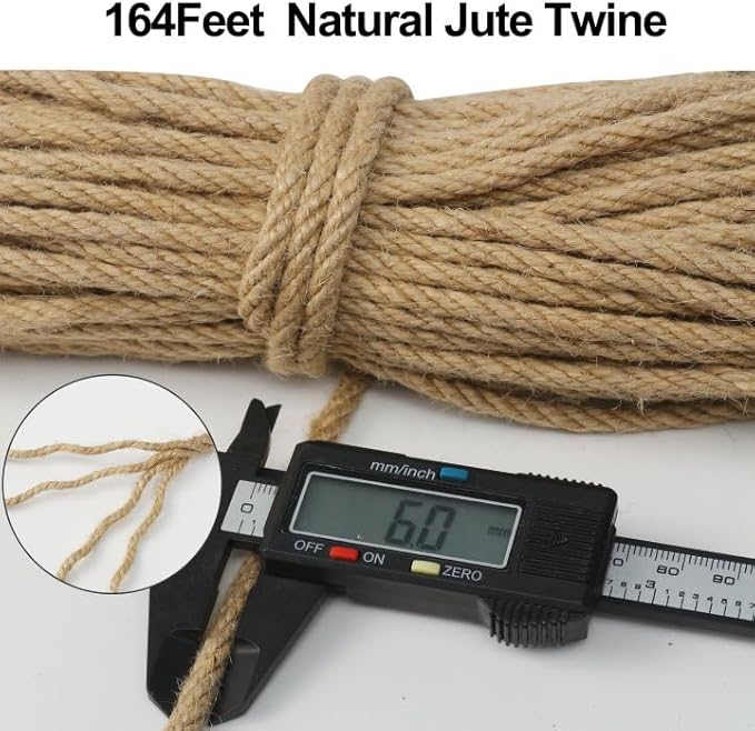 Jute Twine String,164 Feet 1/4 Inch Natural Jute Rope,4ply Thin Ribbon Hemp Twine for Gift Wrapping Craft Plant Garden Christmas Handmade Arts Decoration Packing String Home Decor