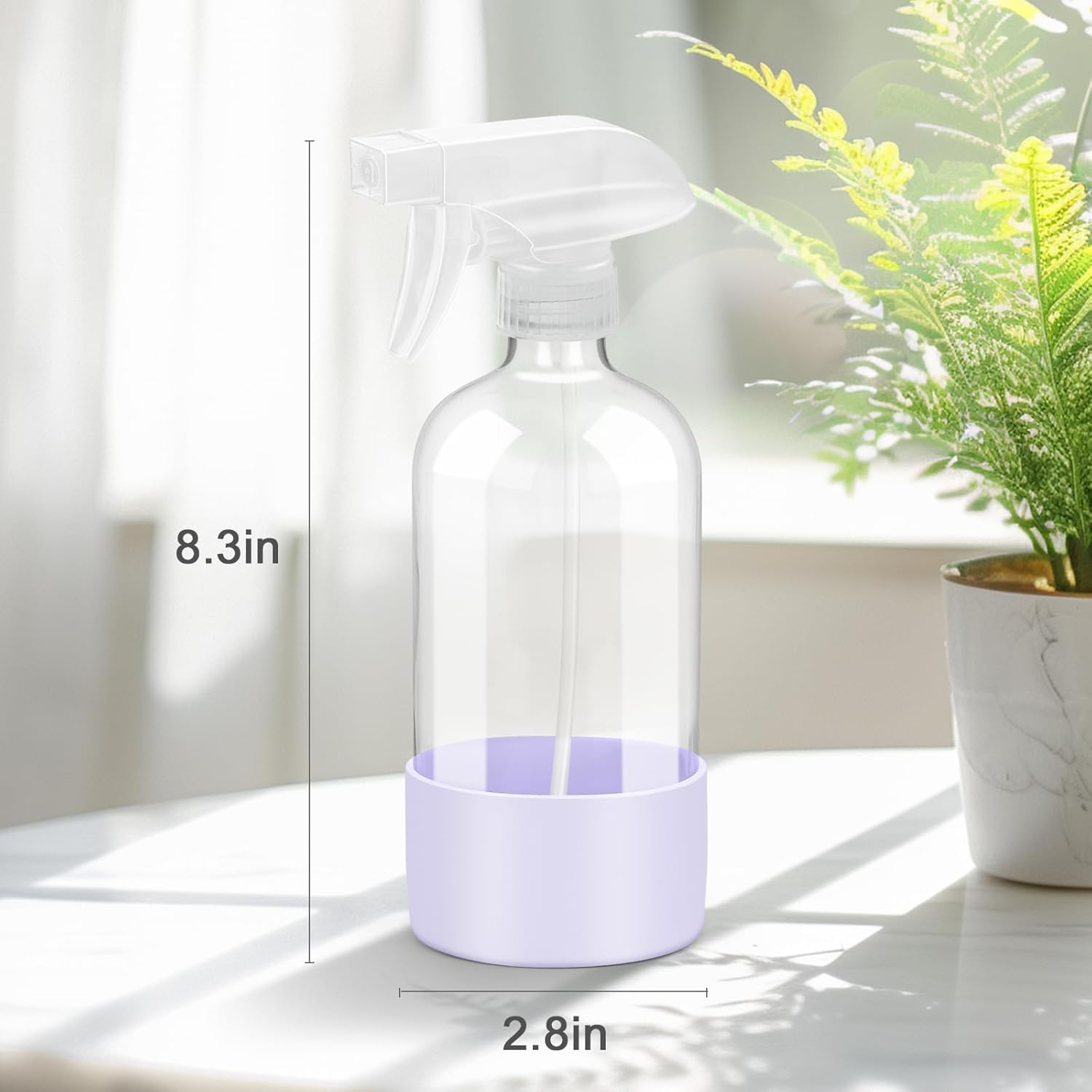 2 Pack Glass Spray Bottles with Silicone Sleeve, 16 oz Empty Refillable Containers with Adjustable Spray Nozzles, Spray Bottles for Hair, Cleaning Solutions and Plants Purple