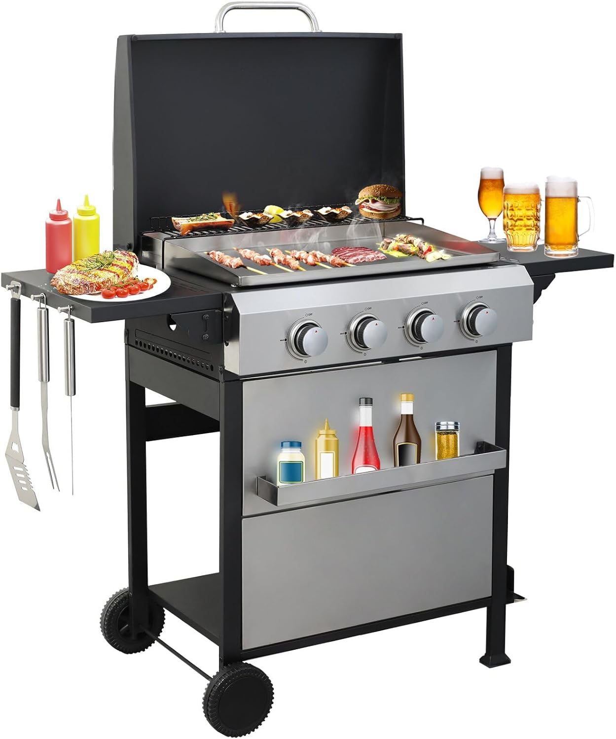 4 Burner Propane Grill with Built-in Thermometer, Durable Lid, Wheels, Foldable Side Tables, Stainless Steel Grilling Pan, 49,200 BTU Gas Grill for Patio, Garden Barbecues