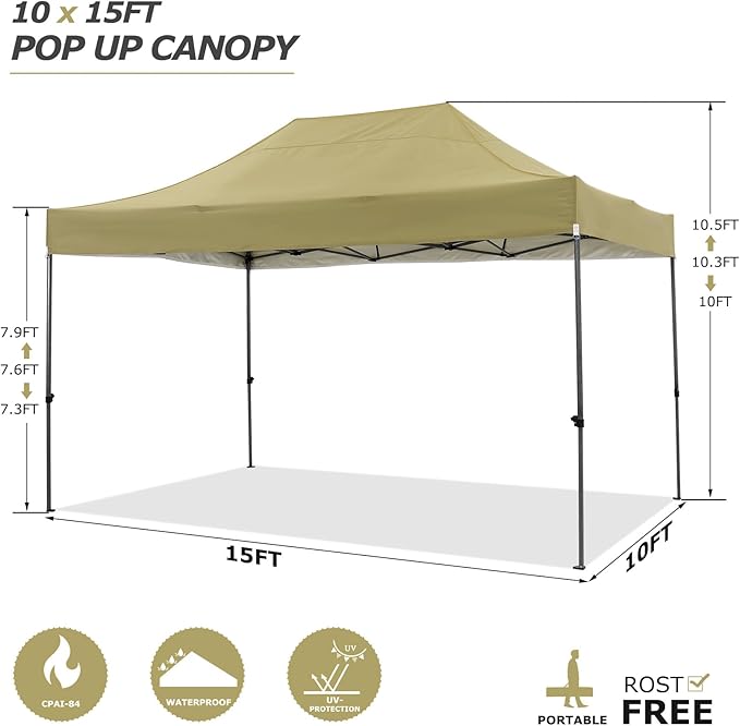COBIZI 10x15 Heavy Duty Pop up Canopy Tent with 4 sidewalls Commercial Outdoor Canopy Wedding Party Tents for Wedding All Season Wind & Waterproof Gazebo with Carry Bag, Khaki(Frame Thickened)