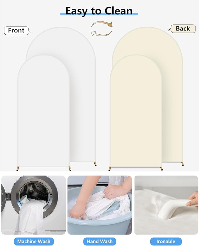 Hemmotop White and Beige Wedding Arch Backdrop Cover, Set of 2 (7.2ft, 6ft), 2 Sided Stretchy Spandex Fitted Balloon Arch Stand Backdrop for Birthday Party, Baby Shower, Double Color