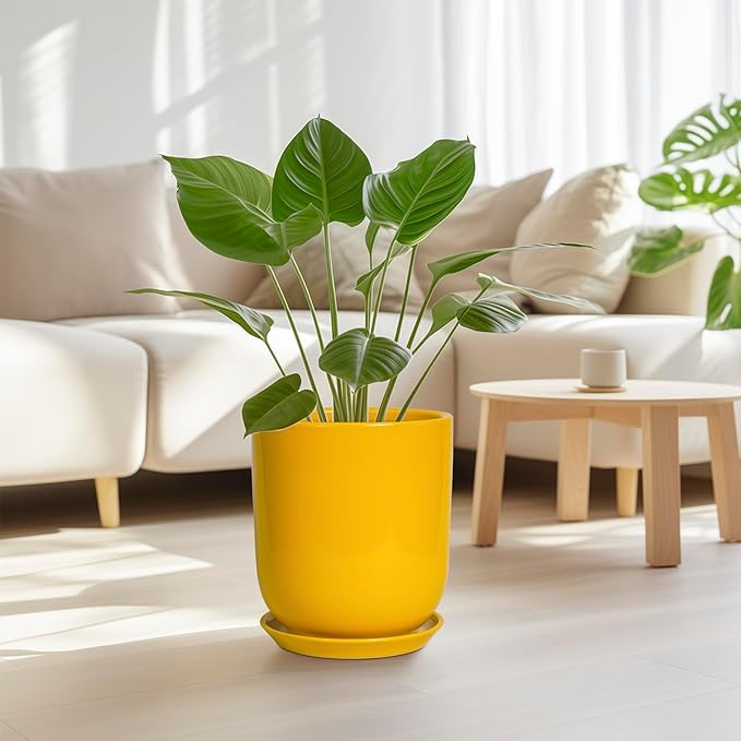Ceramic Pot for Plants - 10 Inch Plant Pot Indoor with Drainage Hole and Saucer Large Planter for Outdoor Plants Cylinder Decorative Flower Pot Yellow