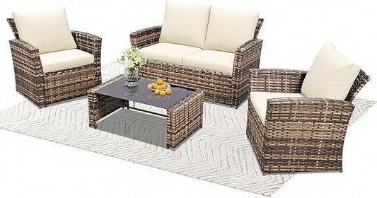 4 Piece Outdoor Patio Furniture Set,Wicker Conversation Sets Outdoor Sectional Patio Sofa Couch with Cushions & Coffee Table for Outside, Garden, Balcony, Porch,Yellow/Beige