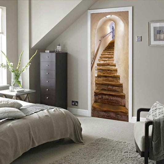 3D Staircase Door Mural - Waterproof & Washable - Matt Finish - Realistic - White - 31.5" x 78.7" (2 Parts)