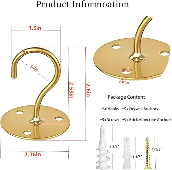 Ceiling Hooks for Hanging Plants- Metal Heavy Duty Wall Mounted Hangers for Hanging Bird Feeders, Planters, Wind Chimes, Include Professional Drywall Anchors (5 Pack) (Bright Gold)