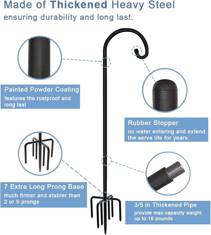 92 inch Outdoor Shepherd Hook with Upgraded 7 Prong Base (1 Pack), Adjustable Heavy Duty Garden Hanging Stake for Bird Feeder Solar Light Plant Hanger Wedding Decor, Matte Black