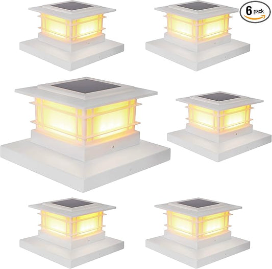 Dynaming 6 Pack Solar Post Lights Outdoor, Solar Powered White Shell Fence Post Cap Lights, High Brightness Warm White LED Lighting for Garden Deck Patio, Fit 4x4, 5x5 or 6x6 Vinyl/Wooden Posts