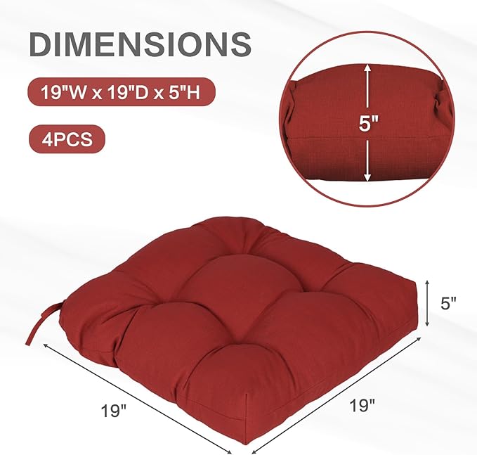 Aoodor 19" x 19" x 5" Tufted Outdoor Chair Cushions, Water Resistant & Fade Resistant Polyester Dining Chair Pads with 2 Straps for Patio Furniture, Set of 4