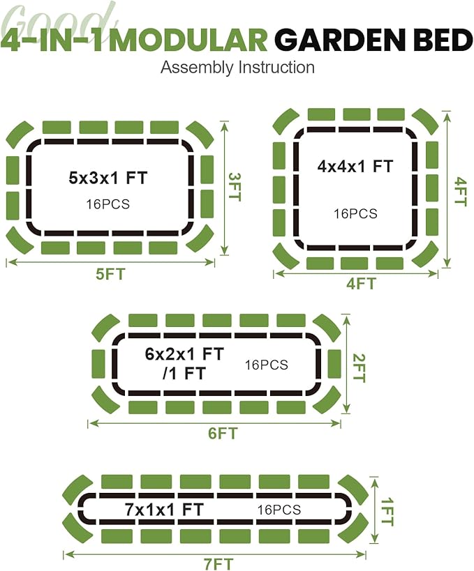 G GOOD GAIN Raised Garden Bed Kit | 2Pcs 4-in-1 Adjustable Galvanized Metal Planter Boxes for Outdoor Vegetables, Flowers Herb | Multiple Sizes (5x3x1ft, 4x4x1ft, 6x2x1ft, 7x1x1ft), Green