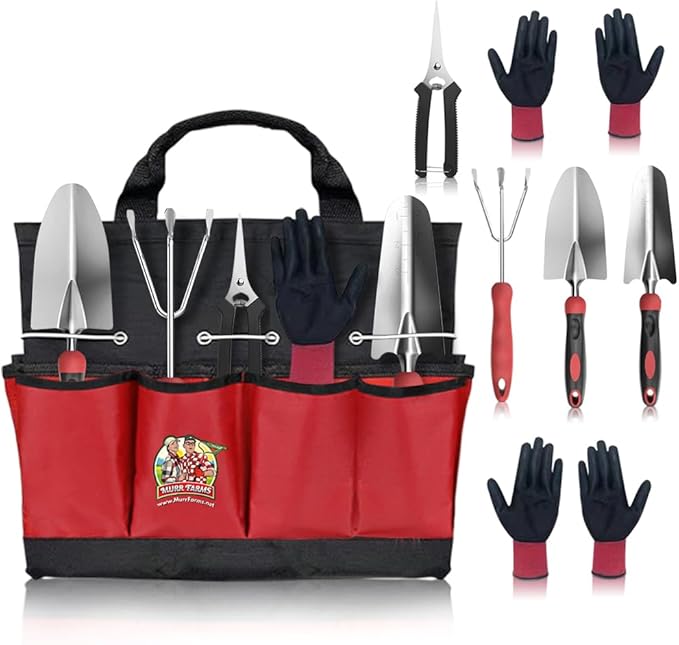 7pc Stainless Steel Heavy Duty Tool Set with Non-Slip Rubber Grip, Garden Gloves and Storage Tote Bag