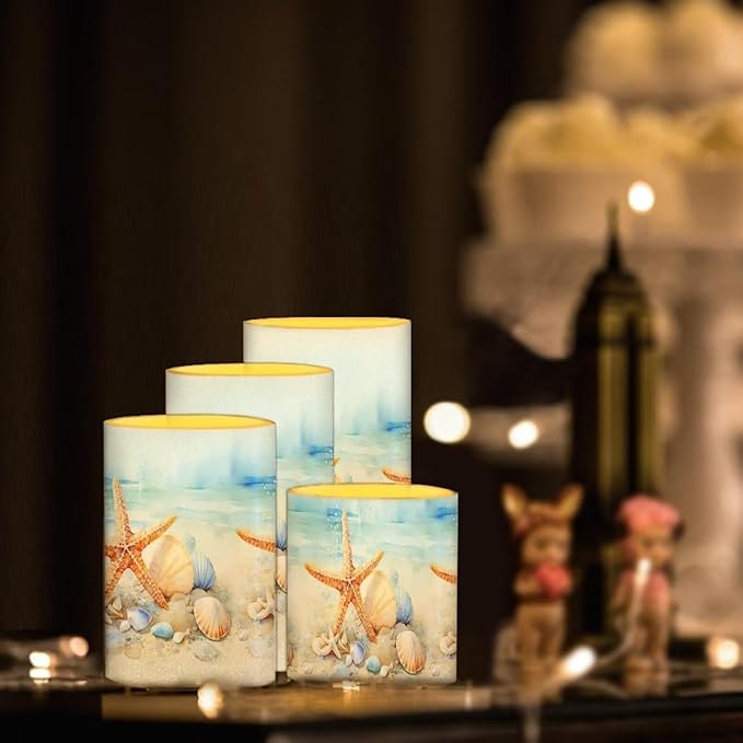 Flameless Candles Battery Powered LED Candles with Remote Timer Color Changing Control Long Lasting for Indoor Outdoor Home Coastal Decoration Pack of 4, Starfish Seashell Painting