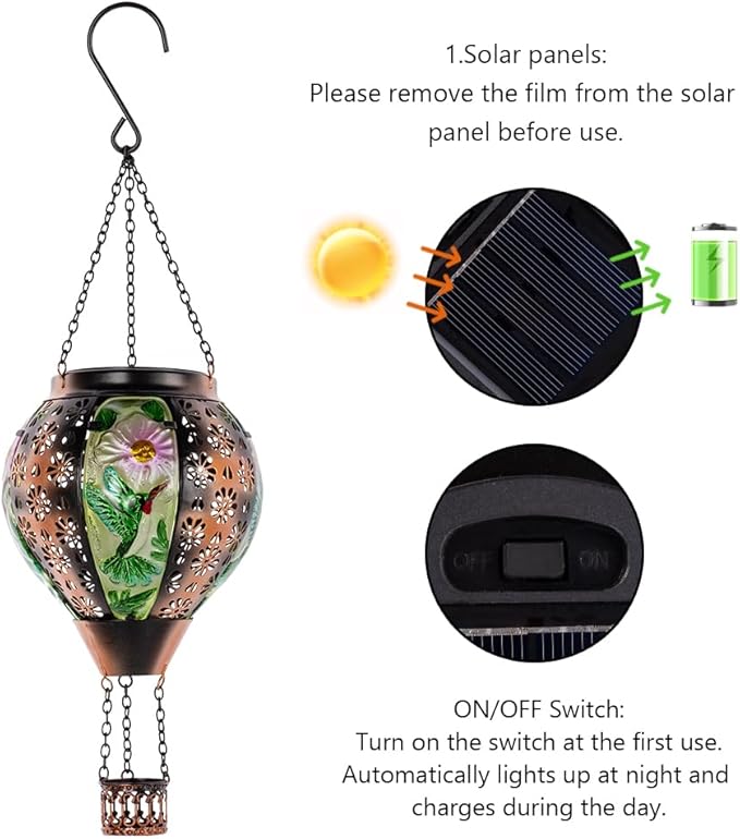 DREAMSOUL Hummingbird Hot Air Balloon Solar Lantern, Metal & Glass Flickering Flame Light Solar Lantern, Hanging Waterproof Solar Lanterns Outdoor for Garden Patio Tree Decoration Christmas Gifts