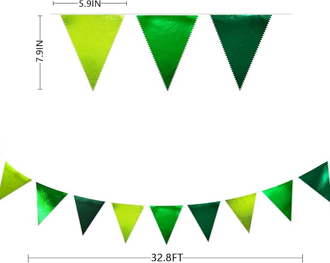 Gradient Green Party Decorations Metallic Fabric Ombre Green Triangle Pennant Banner Flag Bunting for Graduation Birthday Retirement Wedding Bachelorette Spring Summer St Patrick's Day Party Supplies