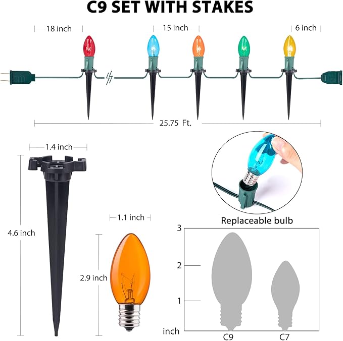 Brightown 2 Pack C9 Christmas String Lights Outdoor, Total 51.4 Feet 40 Bulbs Pathway Lights Waterproof Replaceable for Indoor Xmas Party Holiday Wedding Commercial Decorations, Multicolored