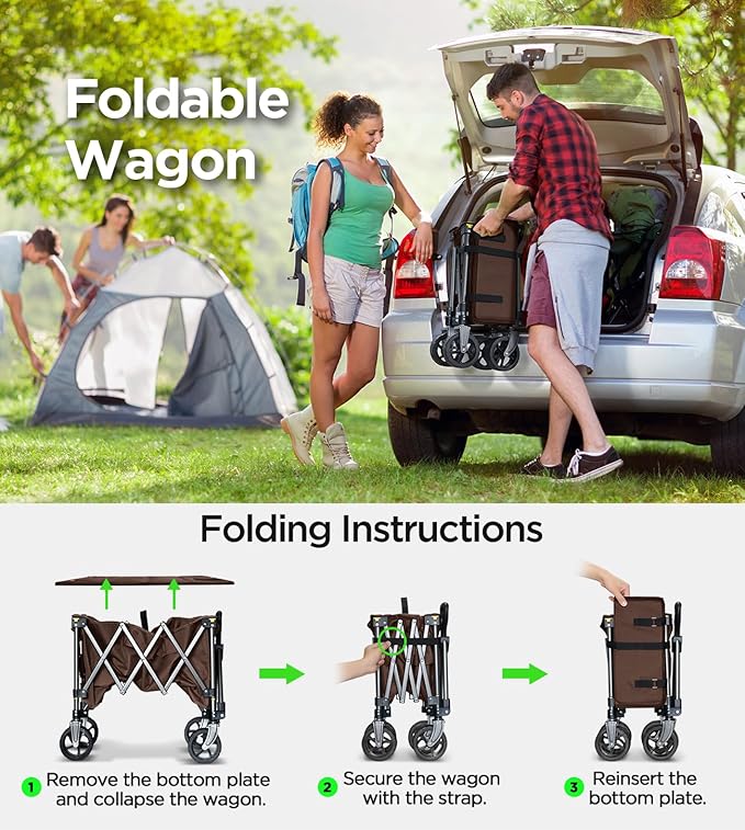 Beach Wagon,CollapsibleWagon 220lbs with Big Wheels Foldable Wagon Carts,Portable Utility for Garden Grocery Sports Camping All Terrain-Khaki