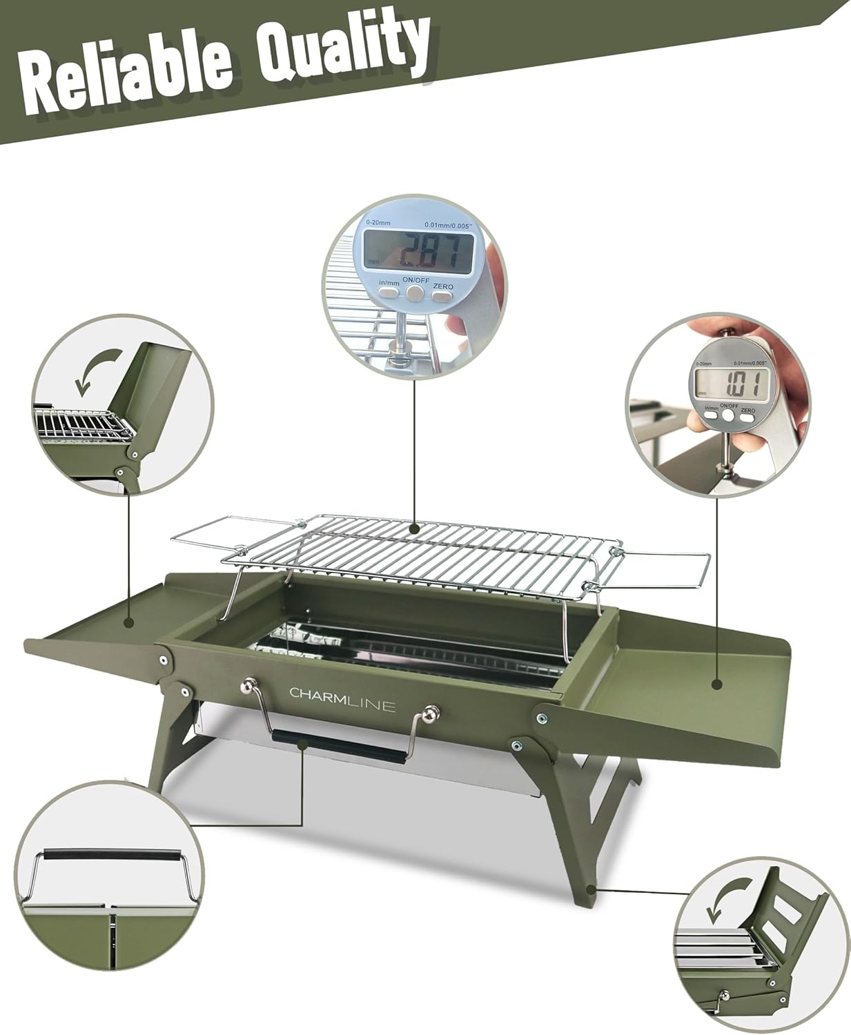 Charmline 14x9inch Small Foldable Portable Charcoal Grill, Compact Portable Grill for Outdoor, Charcoal Grills for Camping, Picnics, Gardens and Beach Parties, Liftable Grilling Net, Green