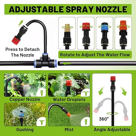 Garden Drip Irrigation Kit, 100ft Black Hose, 360° Pure Copper Closeable Nozzle, Patio Misting Plant Watering Sprinkler, Faucet Separator, Sprinkler Hose Adapter (28 360° nozzles + 28 T-connectors)