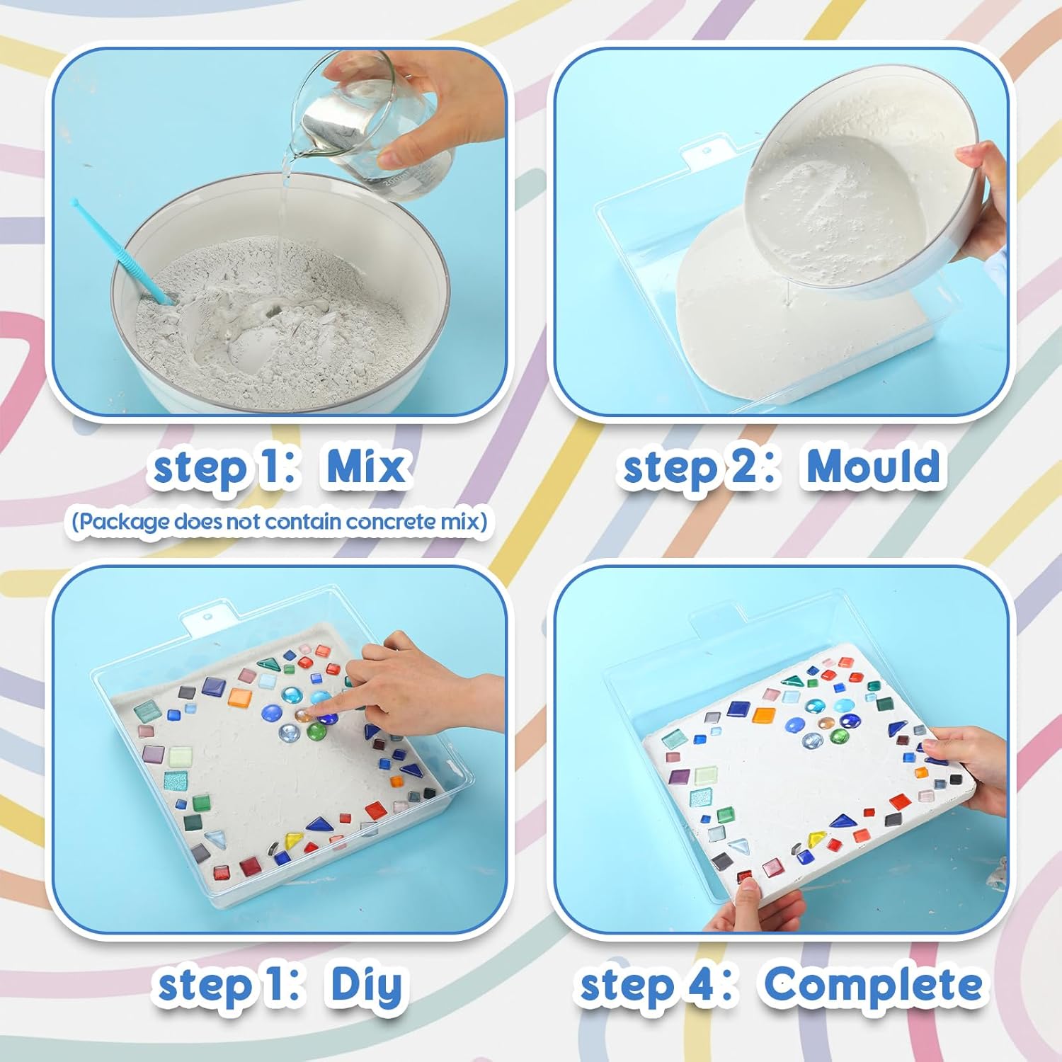 LOYIM 24 Pcs Stepping Stone Kit Includes Concrete Mold, Mosaic Tiles and Carving Tools, DIY Craft Handmade Stepping Stone Kit for Kids, Family, Garden Outdoor Decor, No Concrete Mix (Square,10 Inch)