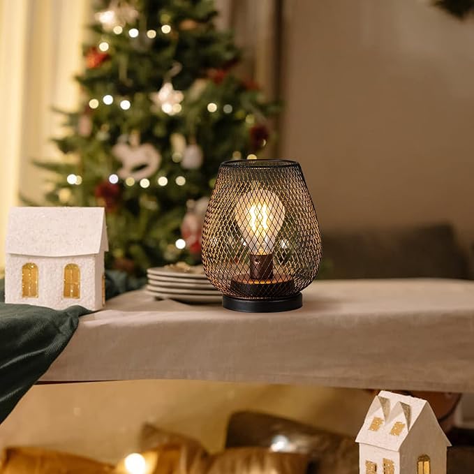 DECORKEY Set of 4 Battery Operated Lamp LED Table Lantern, Brown Metal Cage Cordless Lamps with LED Bulb，Vintage Decorative Outdoor Lantern for Weddings, Parties, Patio, Events for Indoors Shelf Decor