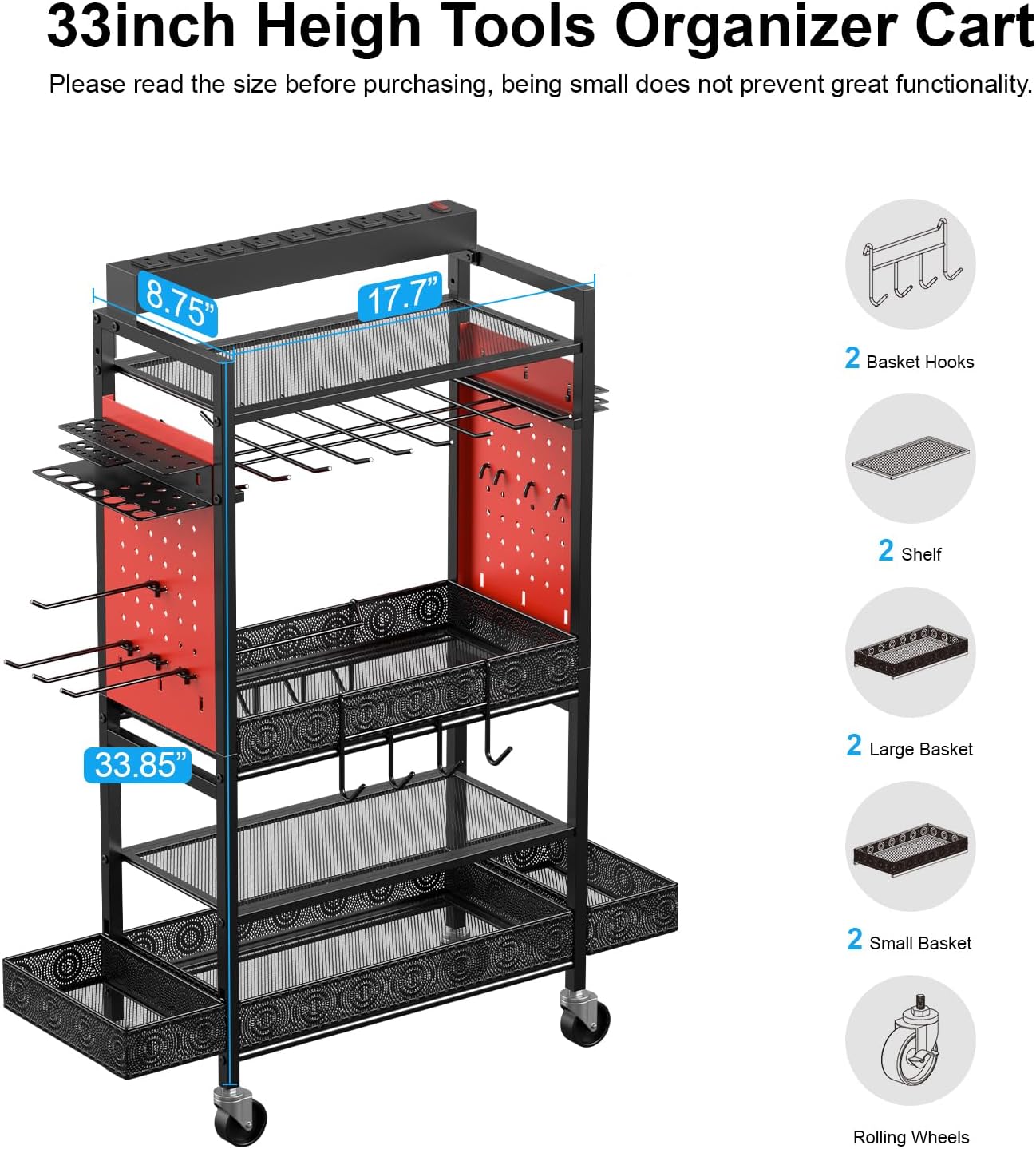 CCCEI Garage Power Tools Organizer Cart with Charging Station, Red Floor Standing Rolling Drill and Tools Battery Storage Cart on Wheels. Utility Rack Gift for Men, Husband, Father.